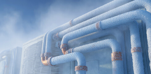 Close-up of industrial refrigeration pipes covered in frost and ice, showing frozen system surface under cold weather conditions with visible condensation and rust.