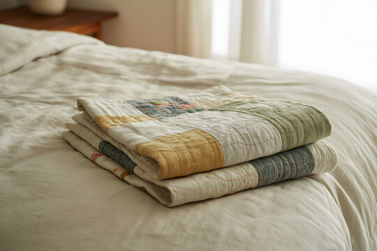 Cozy folded quilts resting on a comfortably made bed with soft natural light illuminating the scene