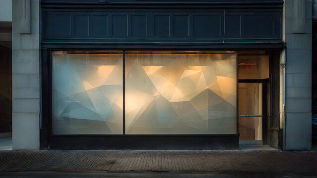 A tall storefront window blanked out with frosted film producing soft diffused geometric light shapes