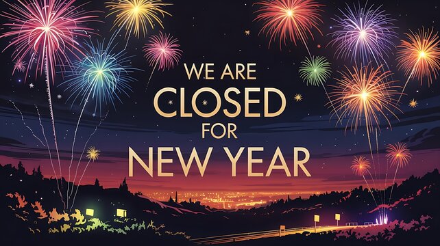 We are closed for new year with colorful fireworks exploding in the night sky over a festive illuminated landscape