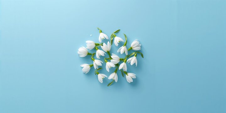 Flat lay of snowdrop flowers on a bright blue background for spring floral design, seasonal awareness day
