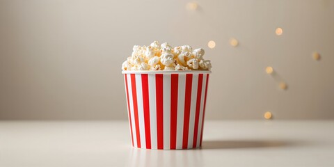 Close up of popcorn in a red striped cardboard bucket on an isolated background, film snack safety