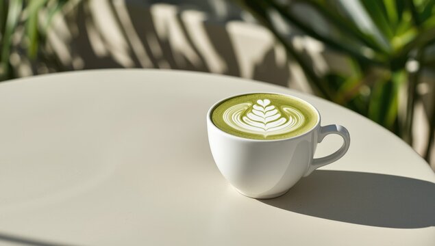 Creamy matcha latte art in a pristine white porcelain cup, emphasizing beverage artistry for cafe presentation