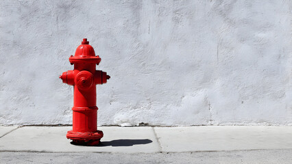 A vibrant red hydrant standing alone on clean grey pavement forming bold minimal contrast and subtle mid-day shadows