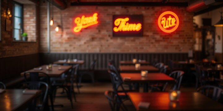 Vintage industrial restaurant interior with neon signs and rustic brick walls used as a background for modern dining layouts