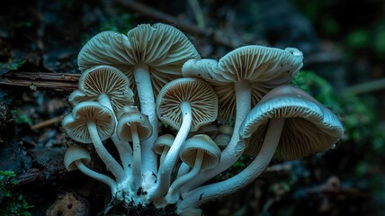 Close up of a cluster of bioluminescent mushrooms glowing with an ethereal blue light in a dark forest setting