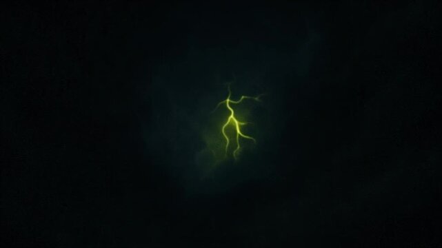 A dramatic green lightning bolt strikes through dark storm clouds, creating an intense and electrifying atmosphere.