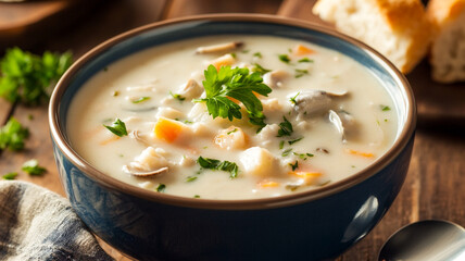 A classic bowl of creamy New England clam chowder topped with fresh parsley, served with bread on a rustic wooden table.