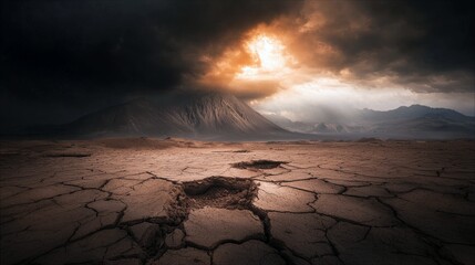 Dramatic landscape of cracked earth under a stormy sky with mountains in the background. The lighting creates a moody atmosphere.