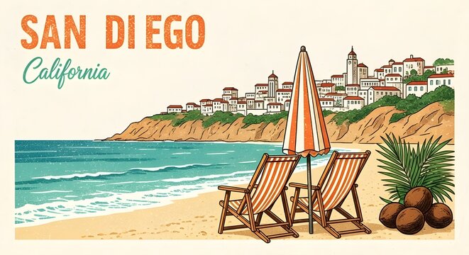 Retro travel poster illustration of coastal beach vacation with text San Diego California - Powered by Adobe