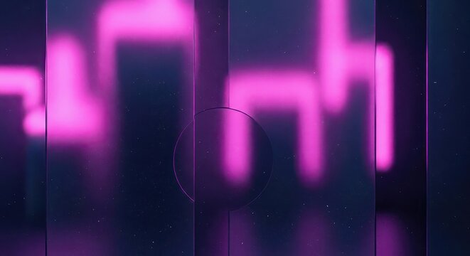 Horizontal abstract background featuring neon pink geometric shapes seen through distorted frosted glass, perfect for cyberpunk designs and web headers