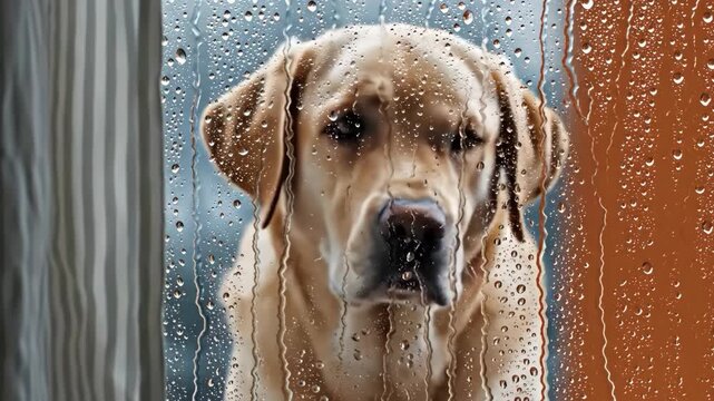 Rainy Day Blues Labrador longing through rainstreaked window with indoors.
