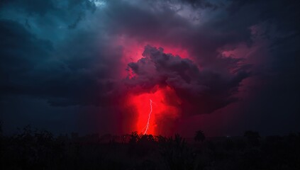 Naklejka premium Crimson Glow Amidst Ominous Clouds, Atmospheric Contrast