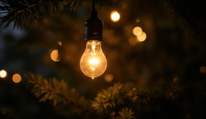 Glowing light bulb on Christmas tree with bokeh background.