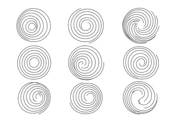 Nine abstract geometric spiral and concentric circle shapes for minimalist graphic design