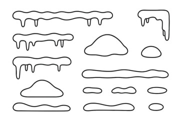 Outline shapes of melting snow caps, dripping icicles, and winter borders for design