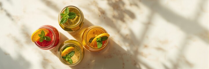 Colorful smoothie bottles with oranges and mint, emphasizing nutritious beverage preparation