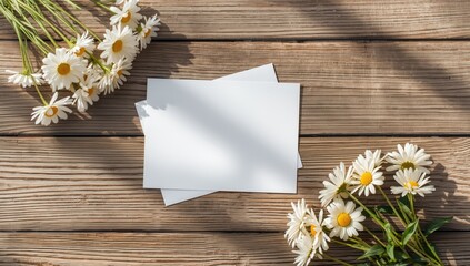White greeting card and envelope adorned with white camomiles, suitable for floral-themed stationery use
