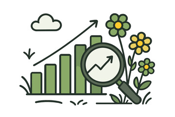 Upward trending bar chart and magnifying glass examining ecological business metrics