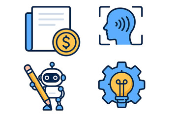 Technology and business icons set featuring writing, finance, biometrics, and innovation symbols