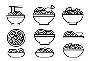 Asian noodle dishes in bowls featuring ramen, chicken, and shrimp options