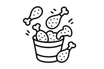 Crispy fried chicken drumsticks overflowing from a striped fast food takeout bucket