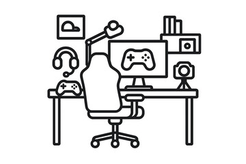 Professional gaming desk setup with monitor, comfortable chair, headset, and streaming equipment