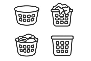 Collection of four outline icons depicting various states of laundry baskets, empty and filled with clothes