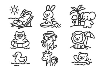 Outline icons of adorable cartoon animals enjoying various summer vacation and beach activities