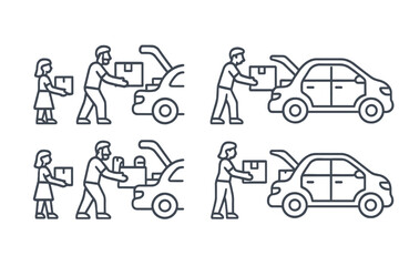 People loading and unloading cardboard boxes into a car trunk for delivery or moving