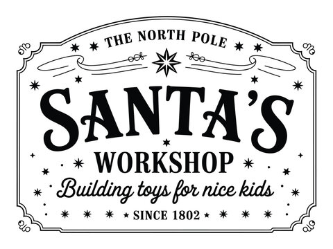 Santa’s workshop direction sign on white, holiday-themed wooden board in red and green, suitable for Christmas marketing, seasonal decorations, greeting cards, invitations