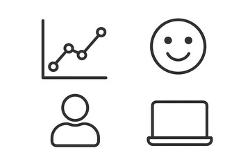 Essential business and user interface symbols: data chart, happy face, user profile, and laptop computer signs