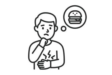 Man with stomach pain and intense hunger craving an unhealthy burger