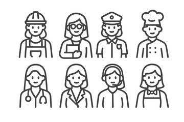 Diverse women professionals set including doctor, chef, police officer, and construction worker