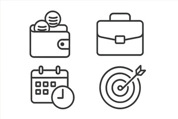 Outline symbols for business strategy, financial planning, professional work, and goal setting