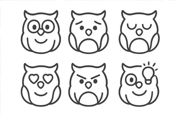 Minimalist black and white owl icons set showing various facial expressions