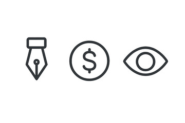 Minimalist symbols representing creative design, financial cost, and visual observation