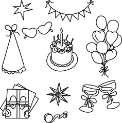 Fototapeta premium Collection of hand drawn, doodle-style illustrations related to birthday party or celebration. set of cake, candle, balloons, gift boxes and banner. Vector illustration