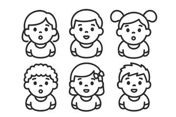 Set of six diverse children avatars featuring various hairstyles and facial expressions