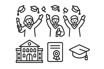 Academic success symbols with students, university, diploma, and graduation caps