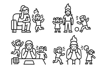 Scenes of parental exhaustion and stress with children running, screaming, and demanding attention