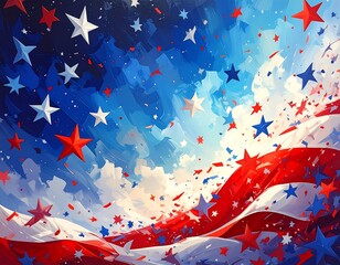 Patriotic abstract composition featuring flowing red, white, and blue, with scattered stars and confetti against a cloudy sky
