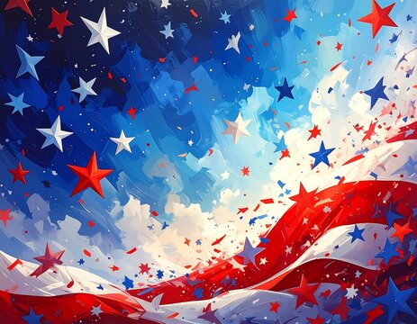 Patriotic abstract composition featuring flowing red, white, and blue, with scattered stars and confetti against a cloudy sky