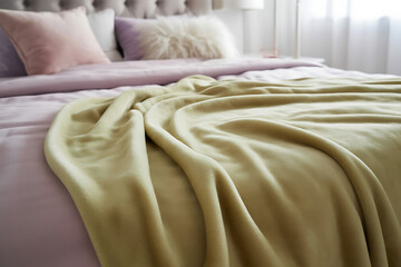Cozy and inviting bedroom scene featuring a plush soft throw blanket draped elegantly over a neatly made bed with decorative pillows