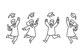 Excited university graduates jumping in the air holding diplomas and throwing their academic caps