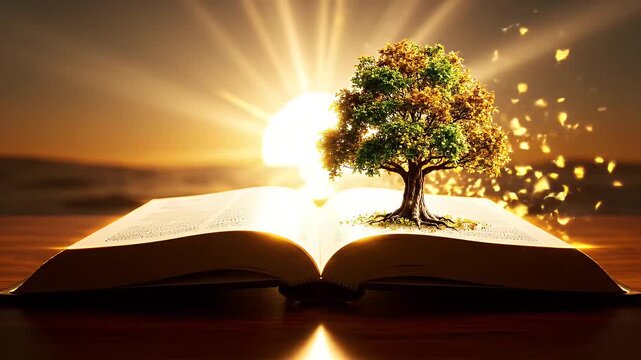 A magical tree of knowledge grows from the pages of an open book with leaves blowing away
