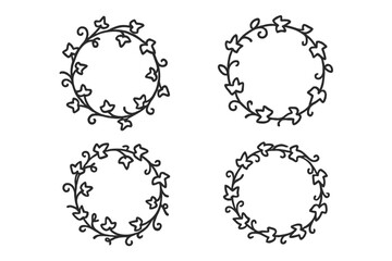 Four hand drawn black outline ivy leaf circular frames and decorative wreaths