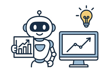 Artificial intelligence robot presenting financial data analysis and business growth strategy on a computer screen