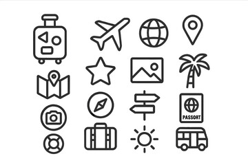 Outline icons collection representing travel, tourism, vacation, and global adventure elements