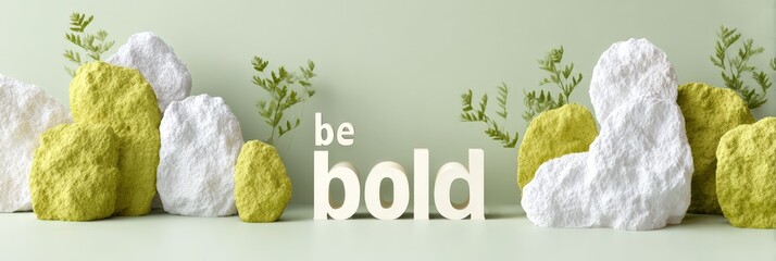 Green and white stones with ferns and 'be bold' text on light green background